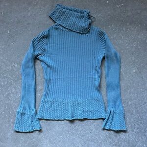 Blue Ribbed Turtleneck Sweater